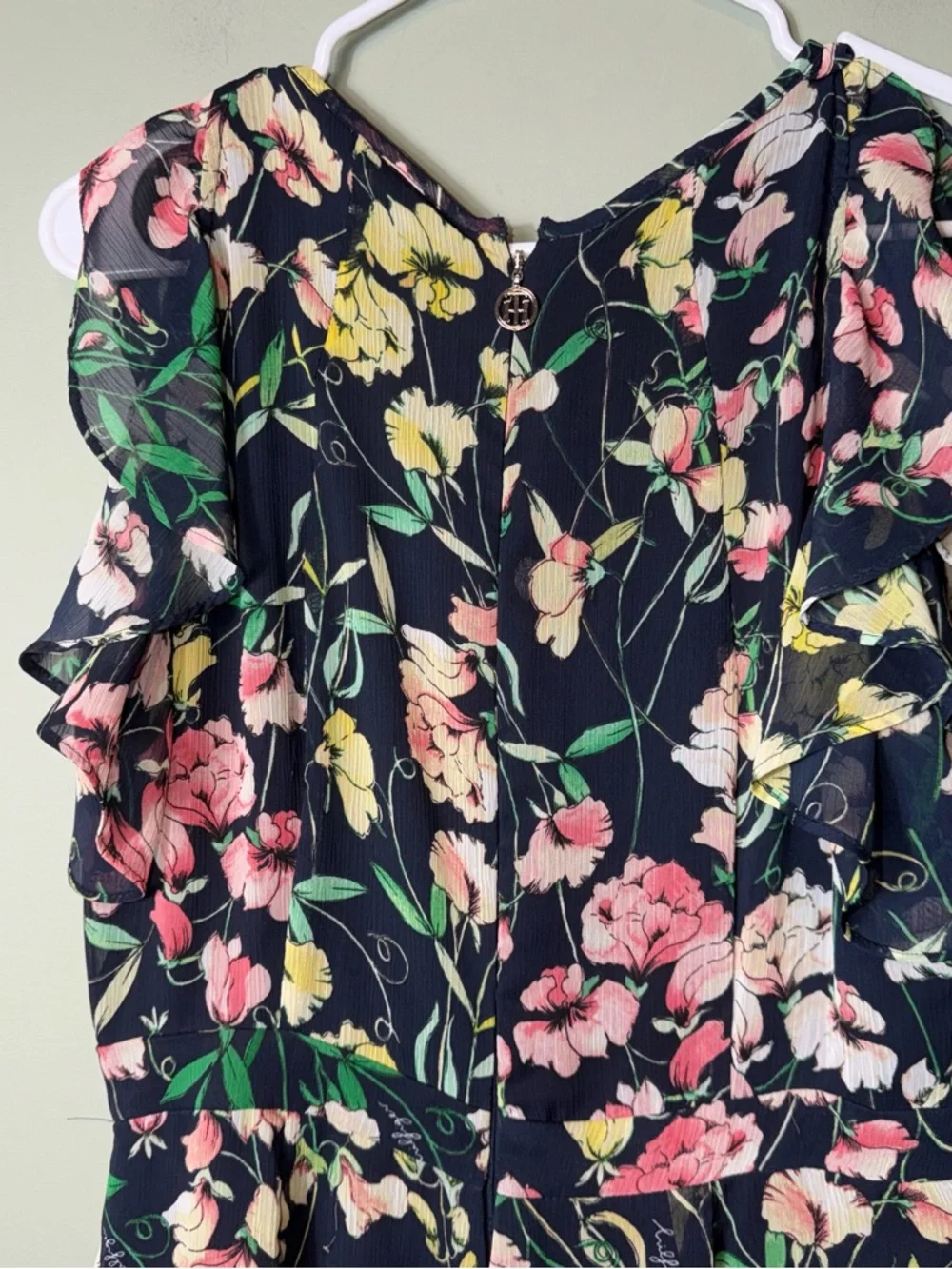 Tommy Hilfiger Women’s Blue Pink Floral Printed Ruffled Wide Leg Jumpsuit Size 8